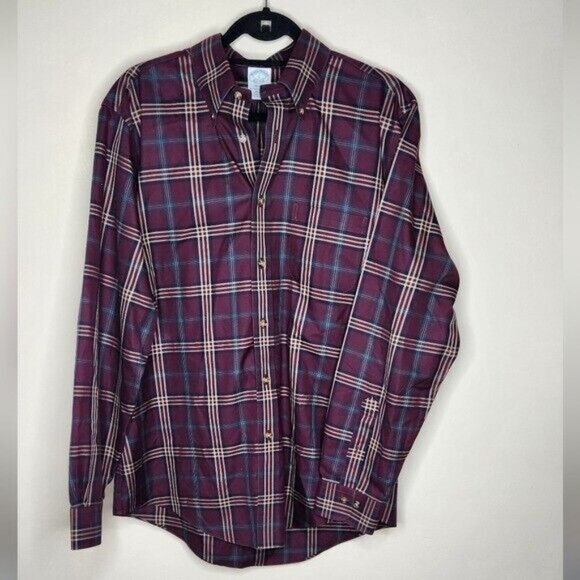BROOKS BROTHERS Maroon Check Button Down Long Sleeve Dress Shirt men size L - Picture 1 of 5